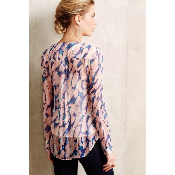 Anthropologie Maeve Pink Painted Sheer Silk Blouse Womens Size 12 Pleated Top - Picture 3 of 13